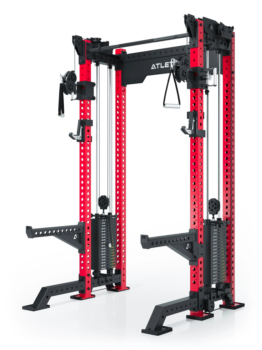 Power Rack R8-Bradley Kabelzug Station: Power Rack mit Seilzug und 2x90kg seitlichen Gewichtsblocks | Modular ausbaubar mit Multipresse und Jammer Arms | #variante_sportscar-red