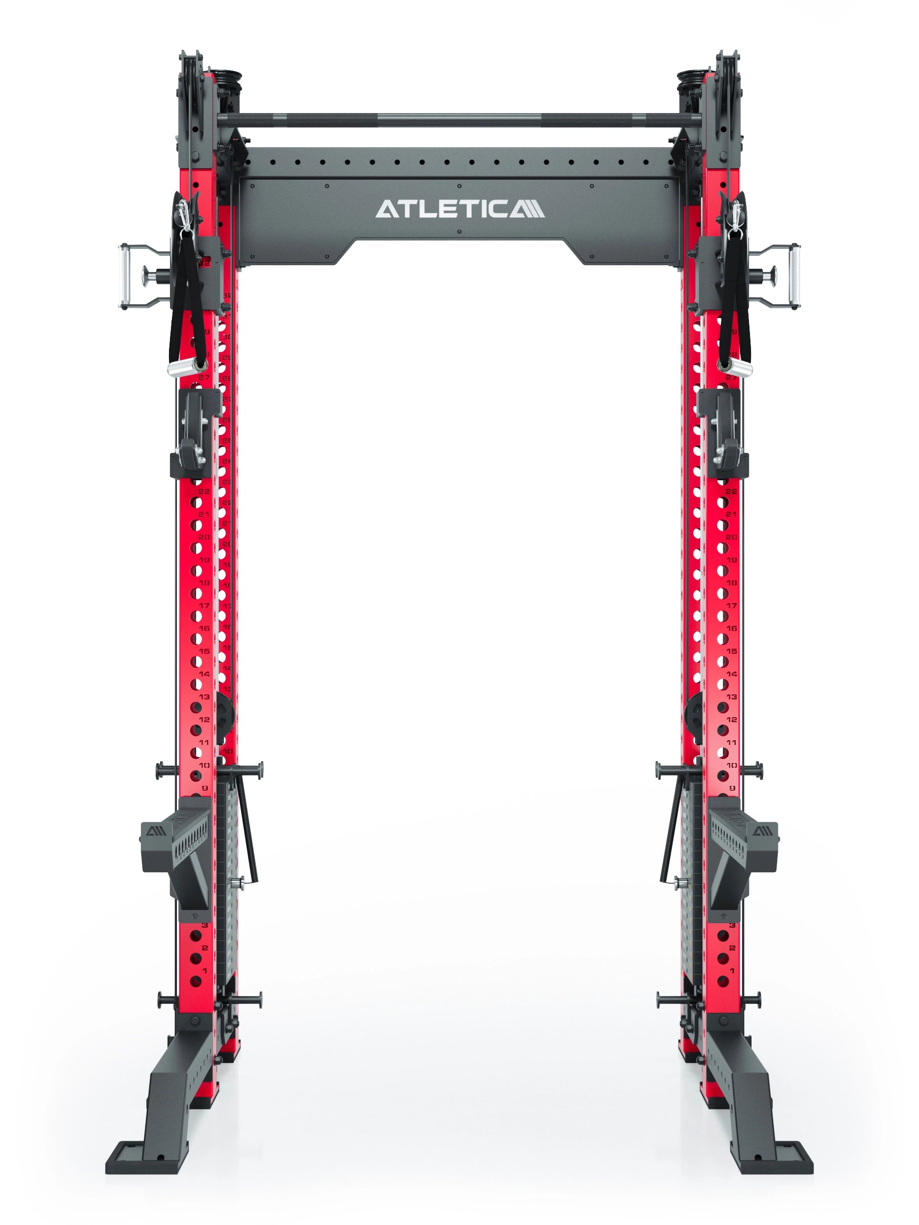 Power Rack R8-Bradley Kabelzug Station: Power Rack mit Seilzug und 2x90kg seitlichen Gewichtsblocks | Modular ausbaubar mit Multipresse und Jammer Arms | #variante_sportscar-red