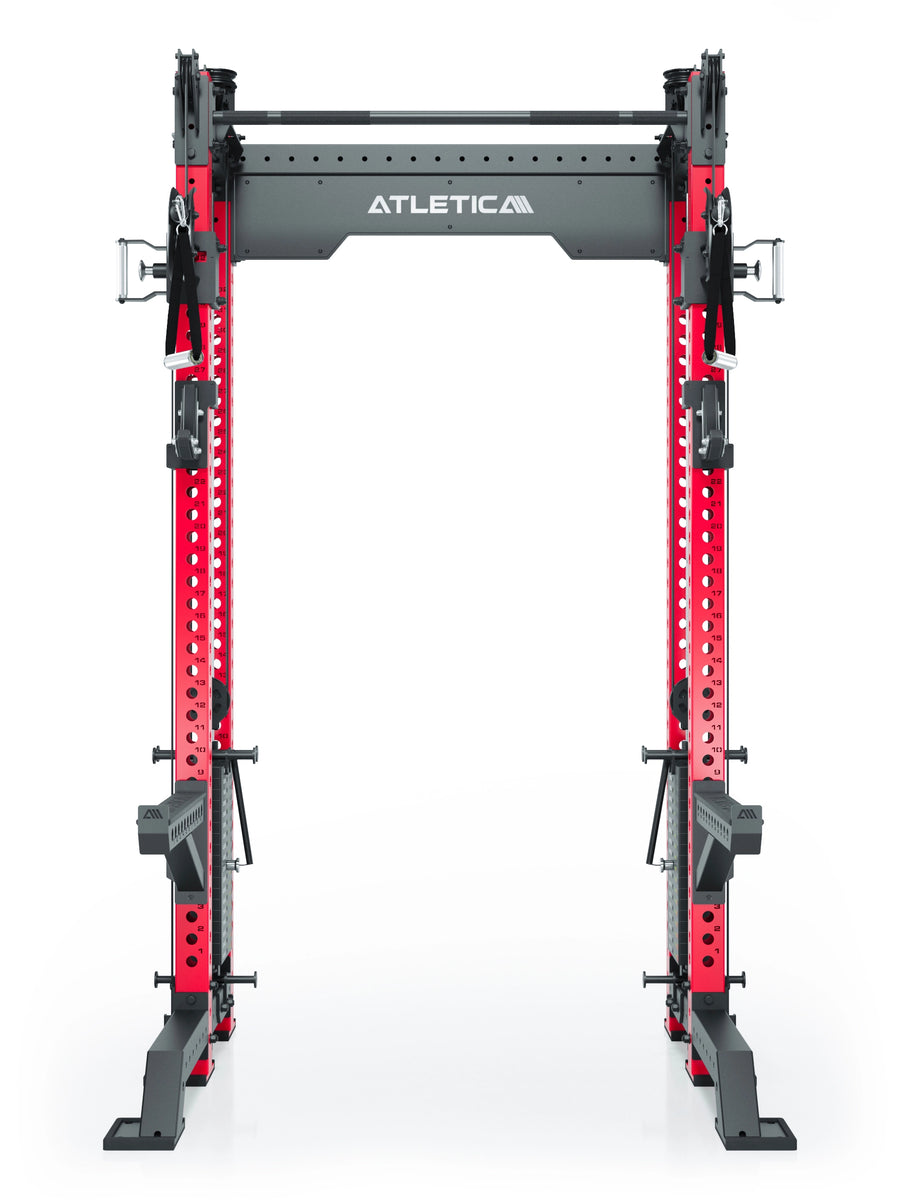 Power Rack R8-Bradley Kabelzug Station: Power Rack mit Seilzug und 2x90kg seitlichen Gewichtsblocks | Modular ausbaubar mit Multipresse und Jammer Arms | #variante_sportscar-red