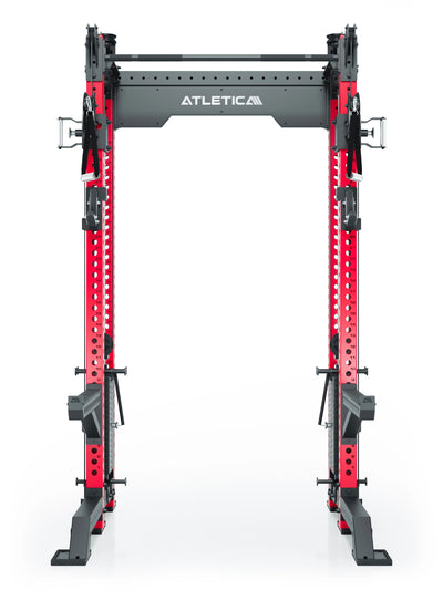 Power Rack R8-Bradley Kabelzug Station: Power Rack mit Seilzug und 2x90kg seitlichen Gewichtsblocks | Modular ausbaubar mit Multipresse und Jammer Arms | #variante_sportscar-red
