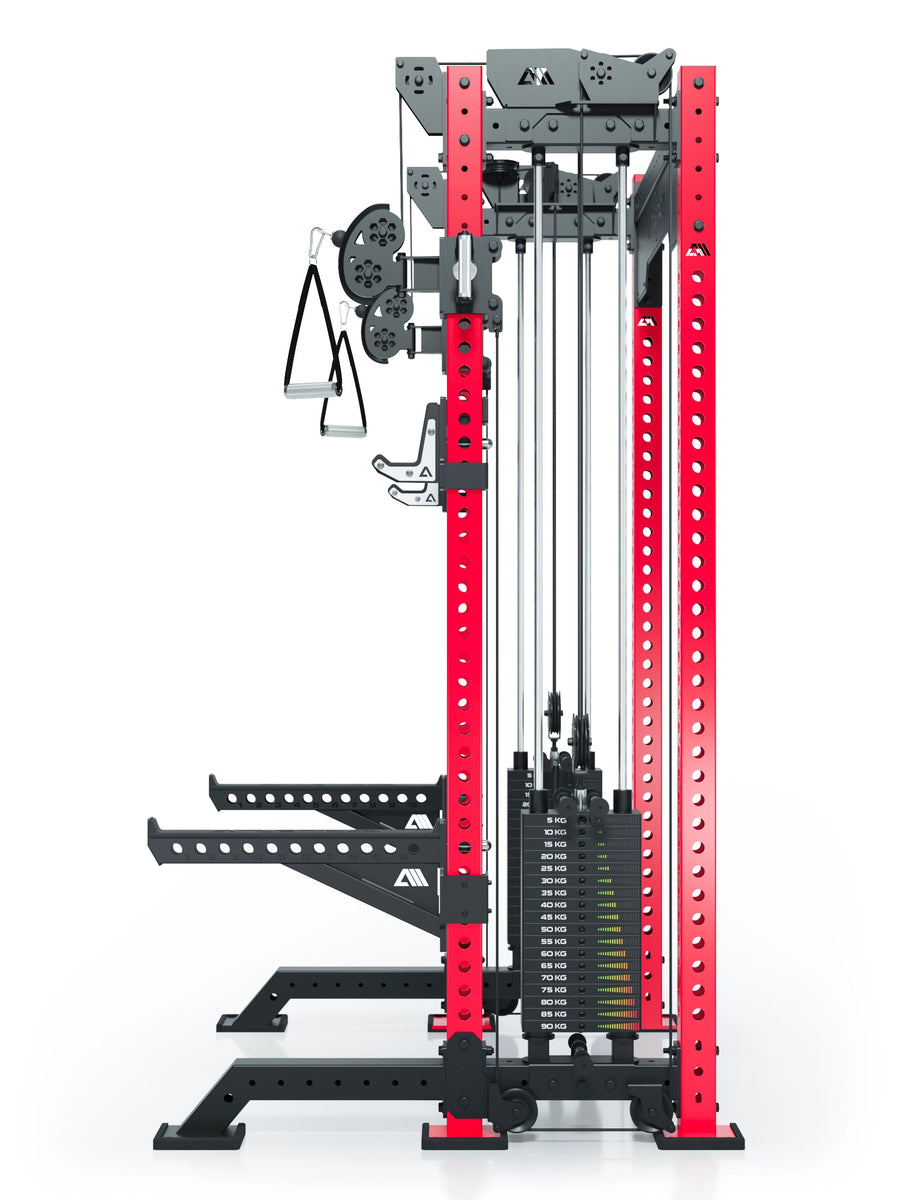 Power Rack R8-Bradley Kabelzug Station: Power Rack mit Seilzug und 2x90kg seitlichen Gewichtsblocks | Modular ausbaubar mit Multipresse und Jammer Arms | #variante_sportscar-red