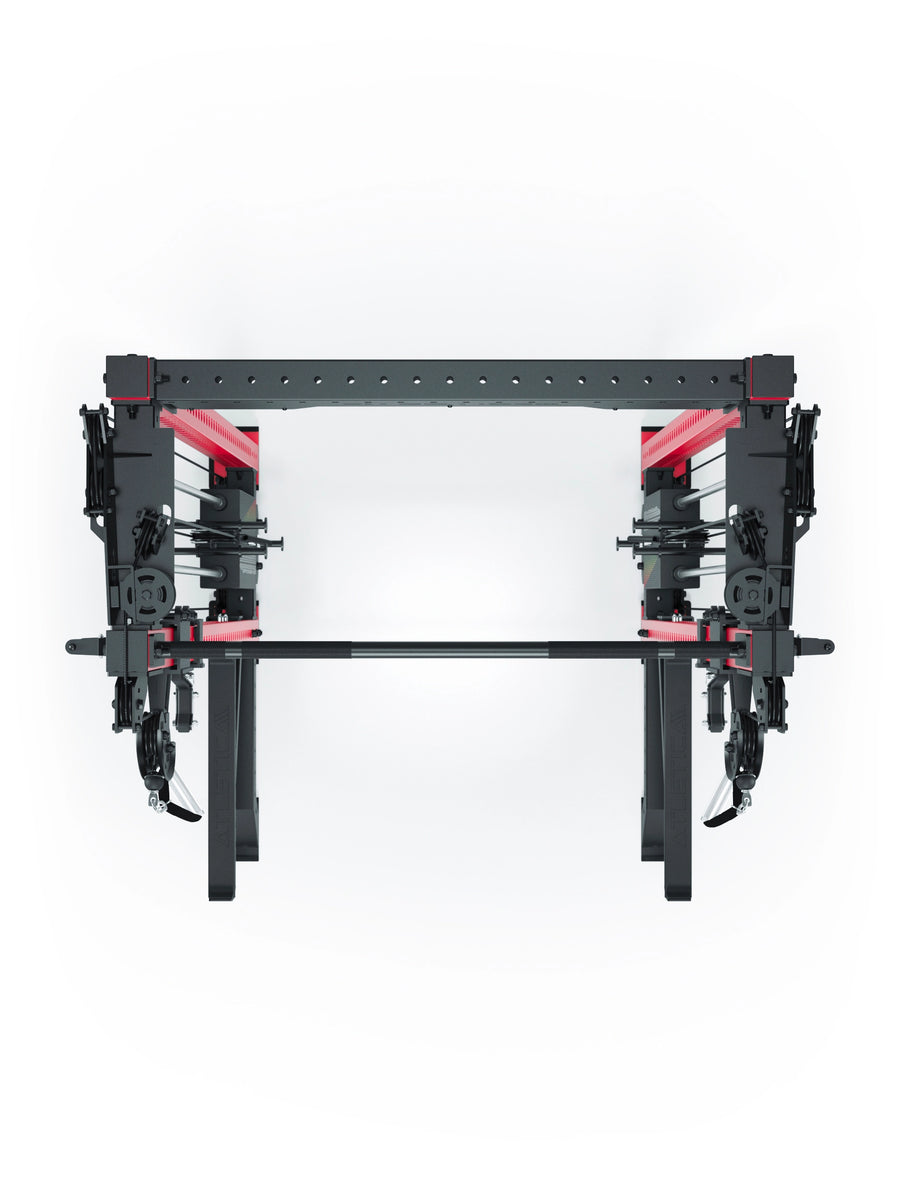 Power Rack R8-Bradley Kabelzug Station: Power Rack mit Seilzug und 2x90kg seitlichen Gewichtsblocks | Modular ausbaubar mit Multipresse und Jammer Arms | #variante_sportscar-red