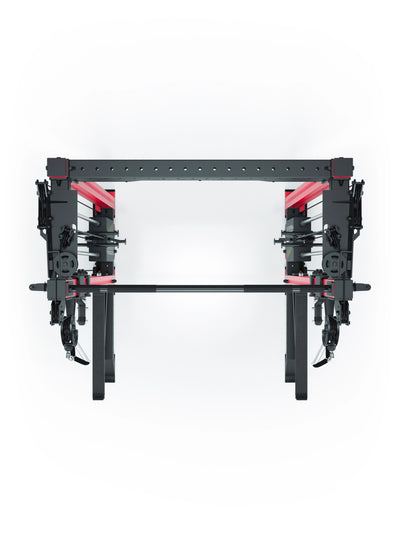 Power Rack R8-Bradley Kabelzug Station: Power Rack mit Seilzug und 2x90kg seitlichen Gewichtsblocks | Modular ausbaubar mit Multipresse und Jammer Arms | #variante_sportscar-red