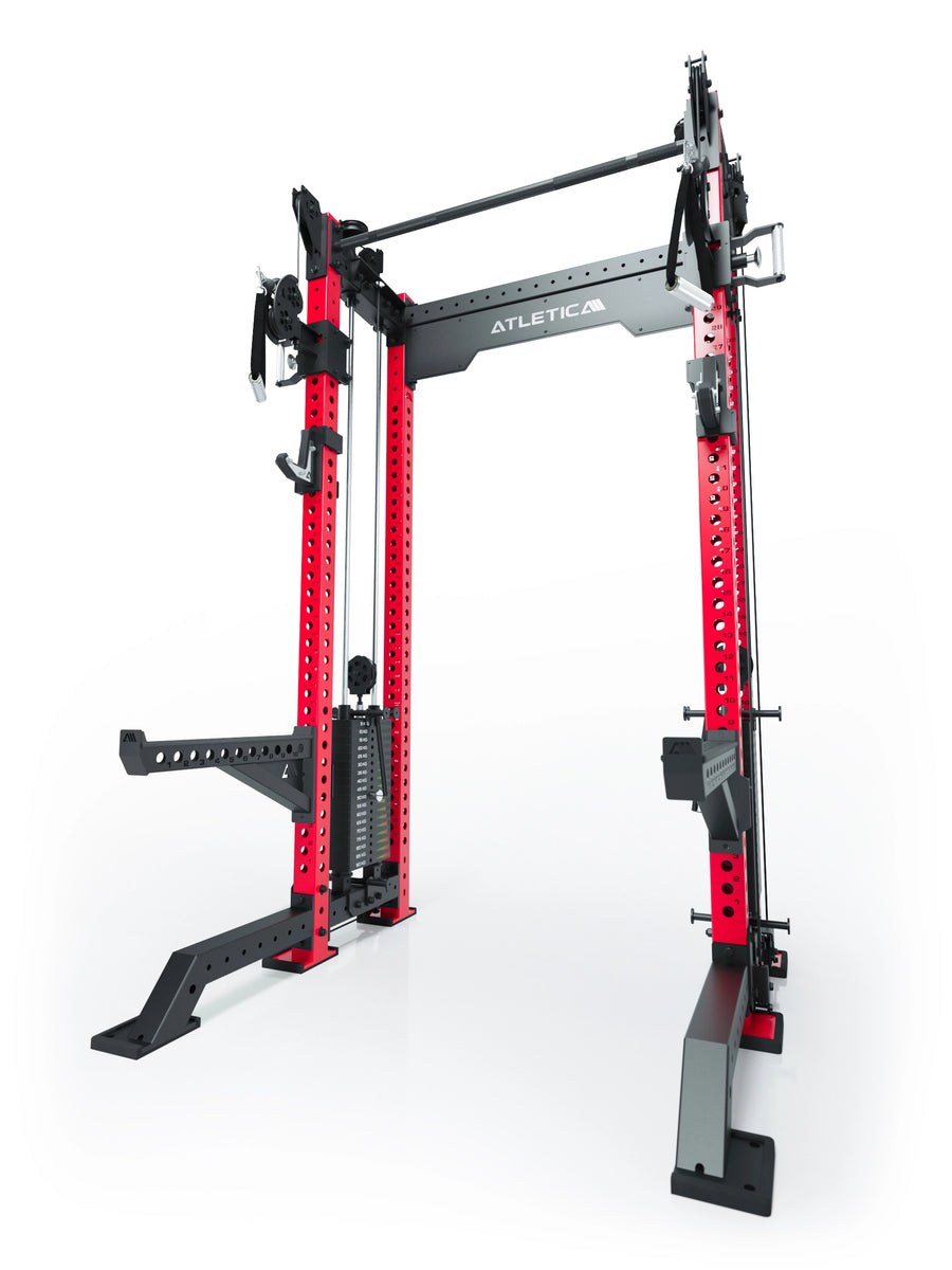 Power Rack R8-Bradley Kabelzug Station: Power Rack mit Seilzug und 2x90kg seitlichen Gewichtsblocks | Modular ausbaubar mit Multipresse und Jammer Arms | #variante_sportscar-red