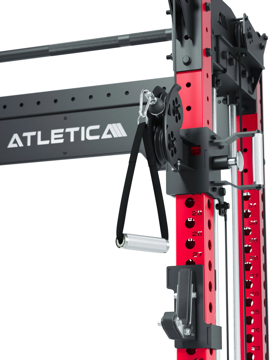 Power Rack R8-Bradley Kabelzug Station: Power Rack mit Seilzug und 2x90kg seitlichen Gewichtsblocks | Modular ausbaubar mit Multipresse und Jammer Arms | #variante_sportscar-red