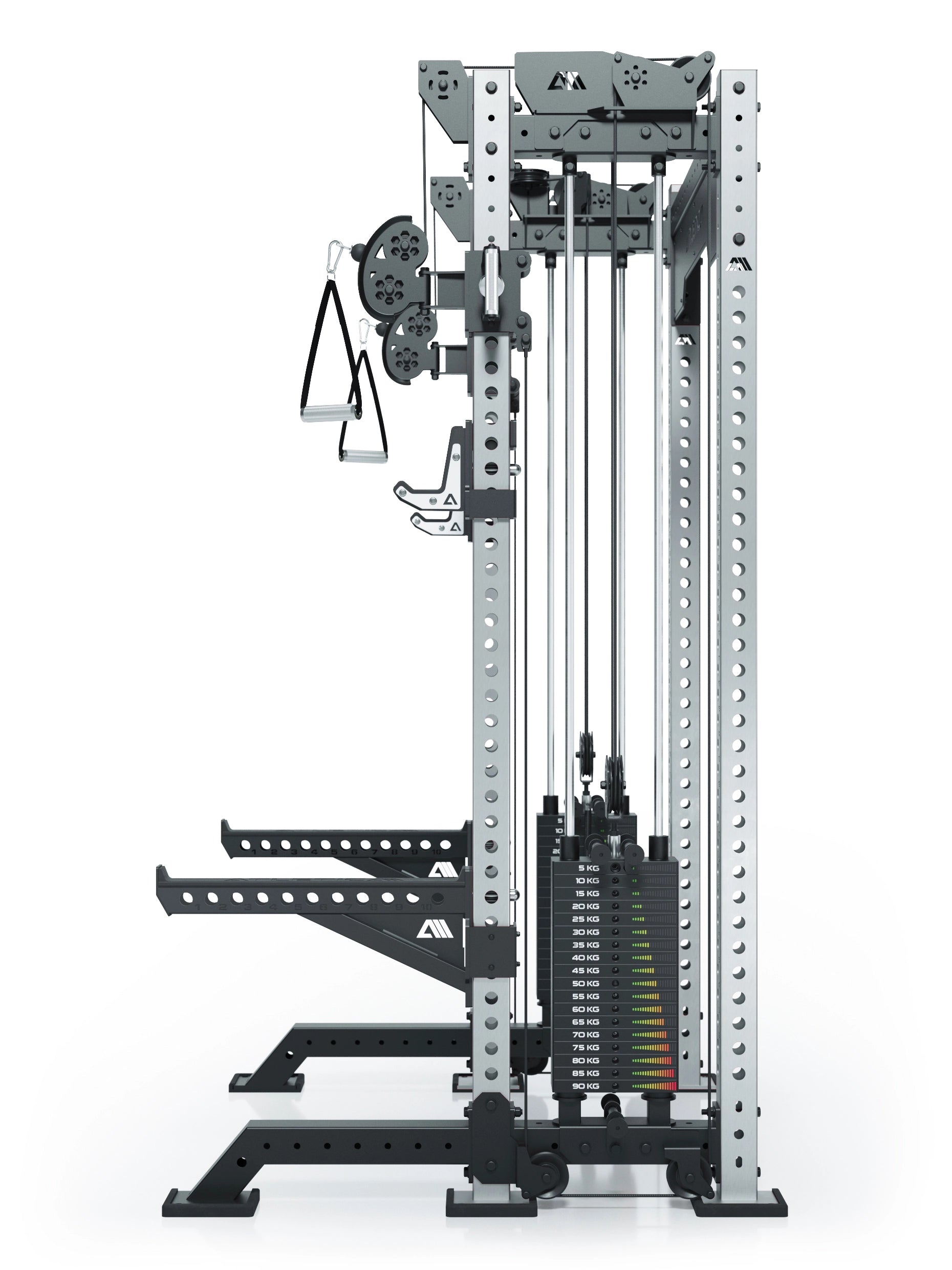 Power Rack R8-Bradley Kabelzug Station: Power Rack mit Seilzug und 2x90kg seitlichen Gewichtsblocks | Modular ausbaubar mit Multipresse und Jammer Arms | #variante_edelstahl