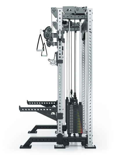 Power Rack R8-Bradley Kabelzug Station: Power Rack mit Seilzug und 2x90kg seitlichen Gewichtsblocks | Modular ausbaubar mit Multipresse und Jammer Arms | #variante_edelstahl