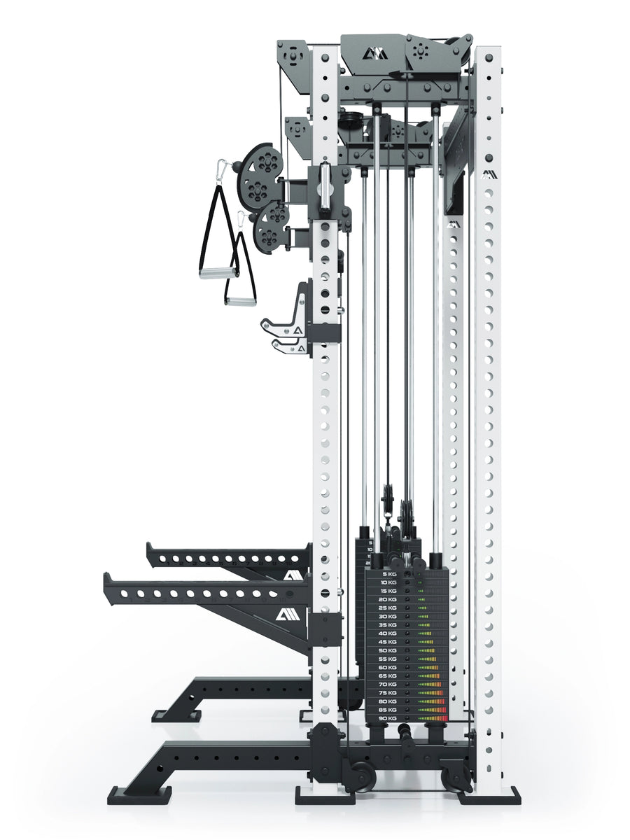 Power Rack R8-Bradley Kabelzug Station: Power Rack mit Seilzug und 2x90kg seitlichen Gewichtsblocks | Modular ausbaubar mit Multipresse und Jammer Arms | #variante_wei