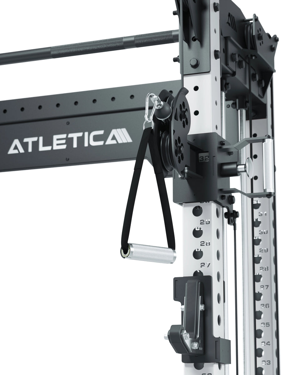 Power Rack R8-Bradley Kabelzug Station: Power Rack mit Seilzug und 2x90kg seitlichen Gewichtsblocks | Modular ausbaubar mit Multipresse und Jammer Arms | #variante_wei