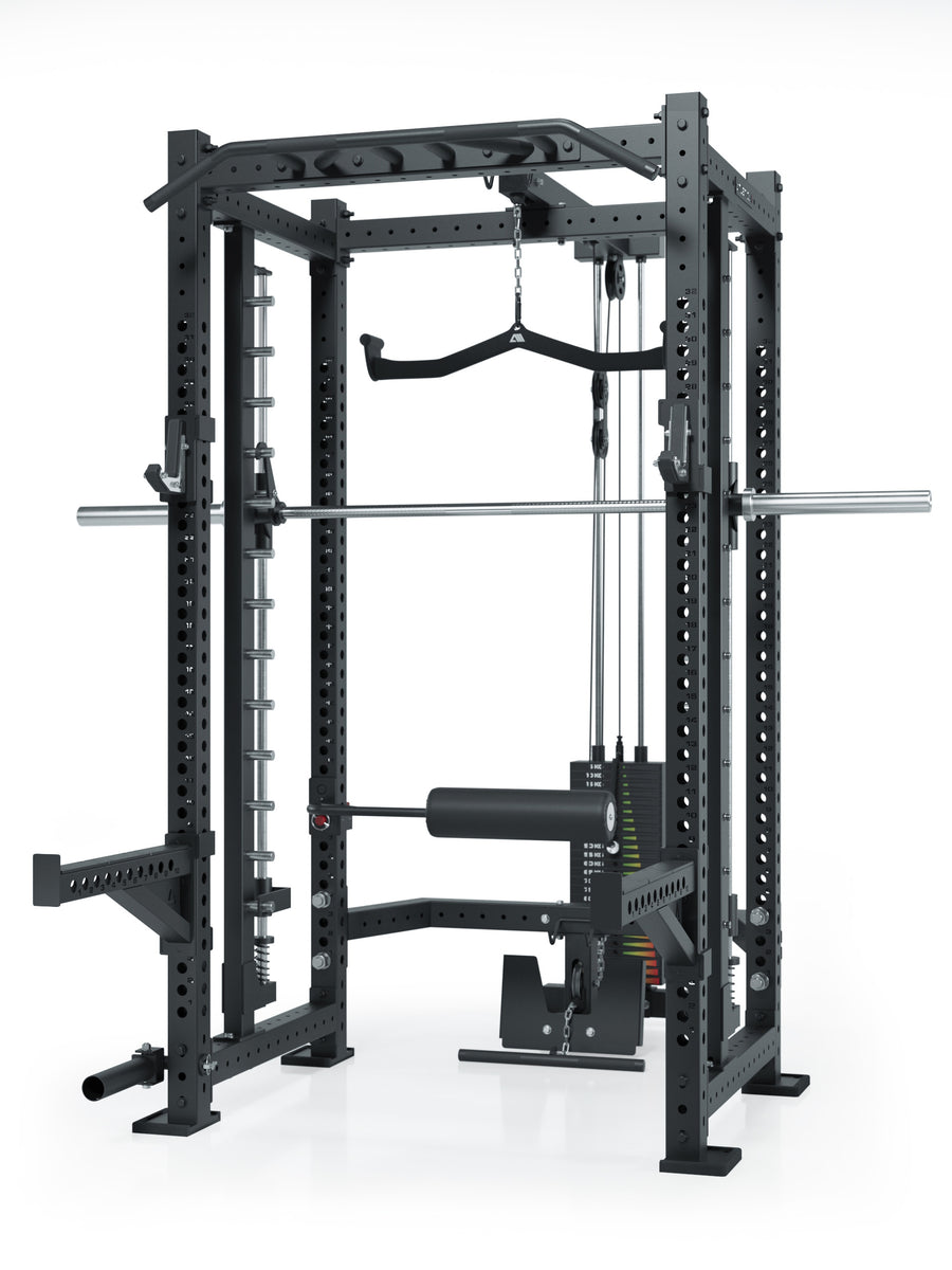 R8 Commander Power Rack: Inklusive Smith Machine und Latzug-Anbau mit 125kg Gewichtsblock | Weight Stack | Ergo Latzuggriff | Leg Blocker | J-Hooks und Safety Spotter