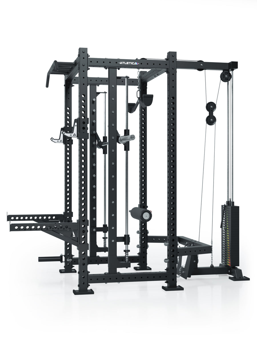 Power Rack R8 Commander: Inklusive Smith Machine und Latzug-Anbau mit 125kg Gewichtsblock | Weight Stack | Ergo Latzuggriff | Leg Blocker | J-Hooks und Safety Spotter