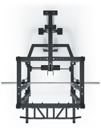 R8 Commander Power Rack: Inklusive Smith Machine und Latzug-Anbau | Ergo Latzuggriff | Leg Blocker | J-Hooks und Safety Spotter