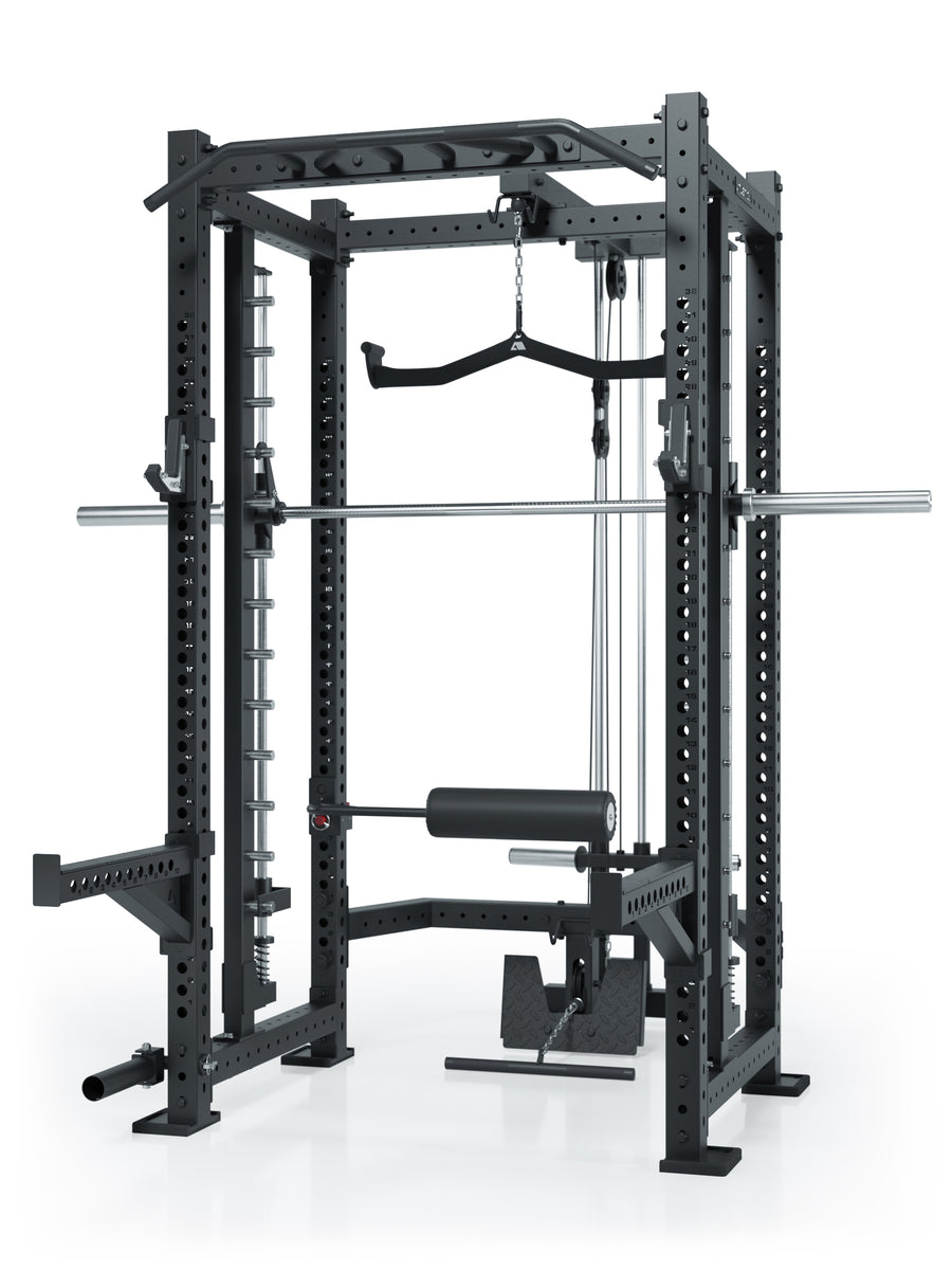 Power Rack R8 Defender von ATLETICA: Inklusive Smith Machine und Latzug-Anbau | Plate Loaded | Ergo Latzuggriff | Leg Blocker | J-Hooks und Safety Spotter