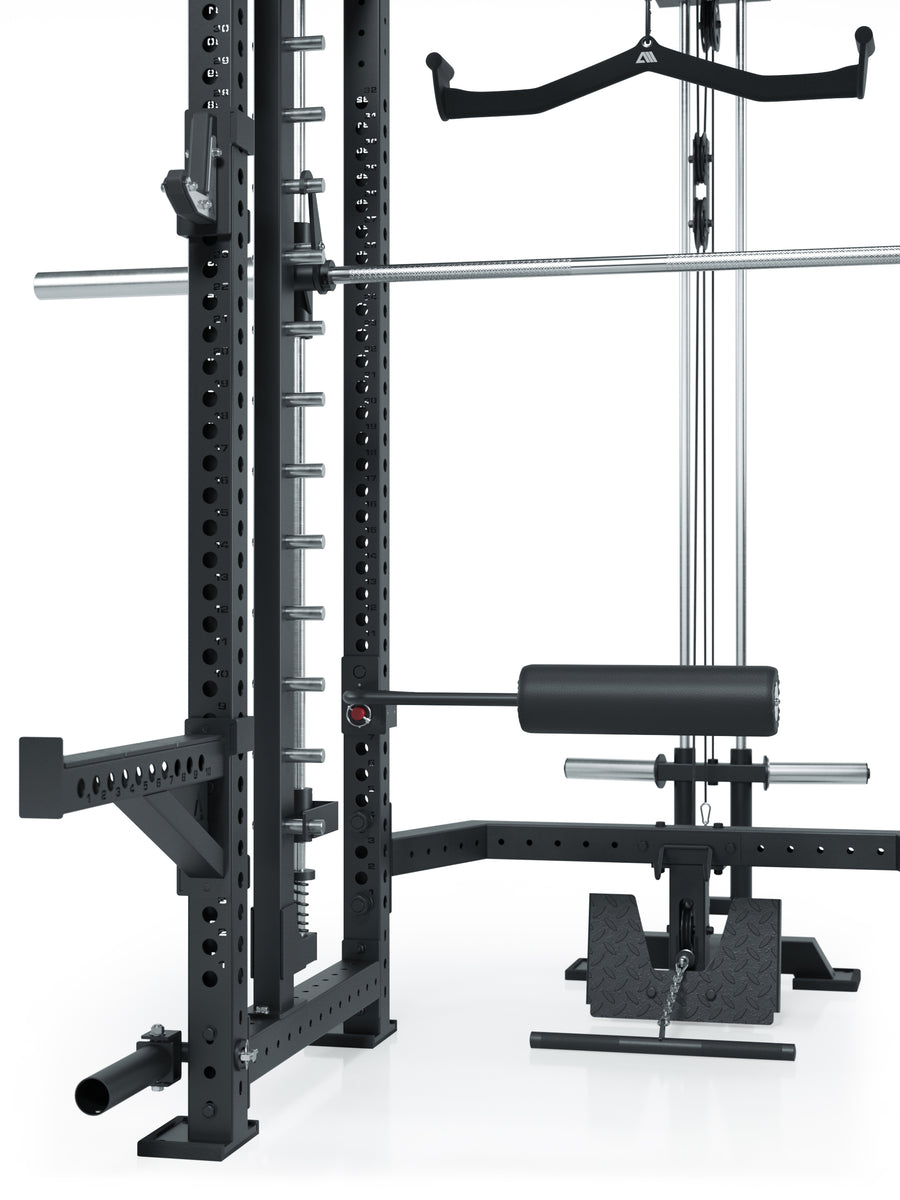 Power Rack R8 Defender: Ergo Latzuggriff | Leg Blocker | J-Hooks und Safety Spotter