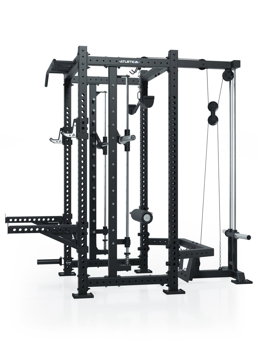 R8 Defender Power Rack: Inklusive Smith Machine und Latzug-Anbau | Plate Loaded | Ergo Latzuggriff | Leg Blocker | J-Hooks und Safety Spotter