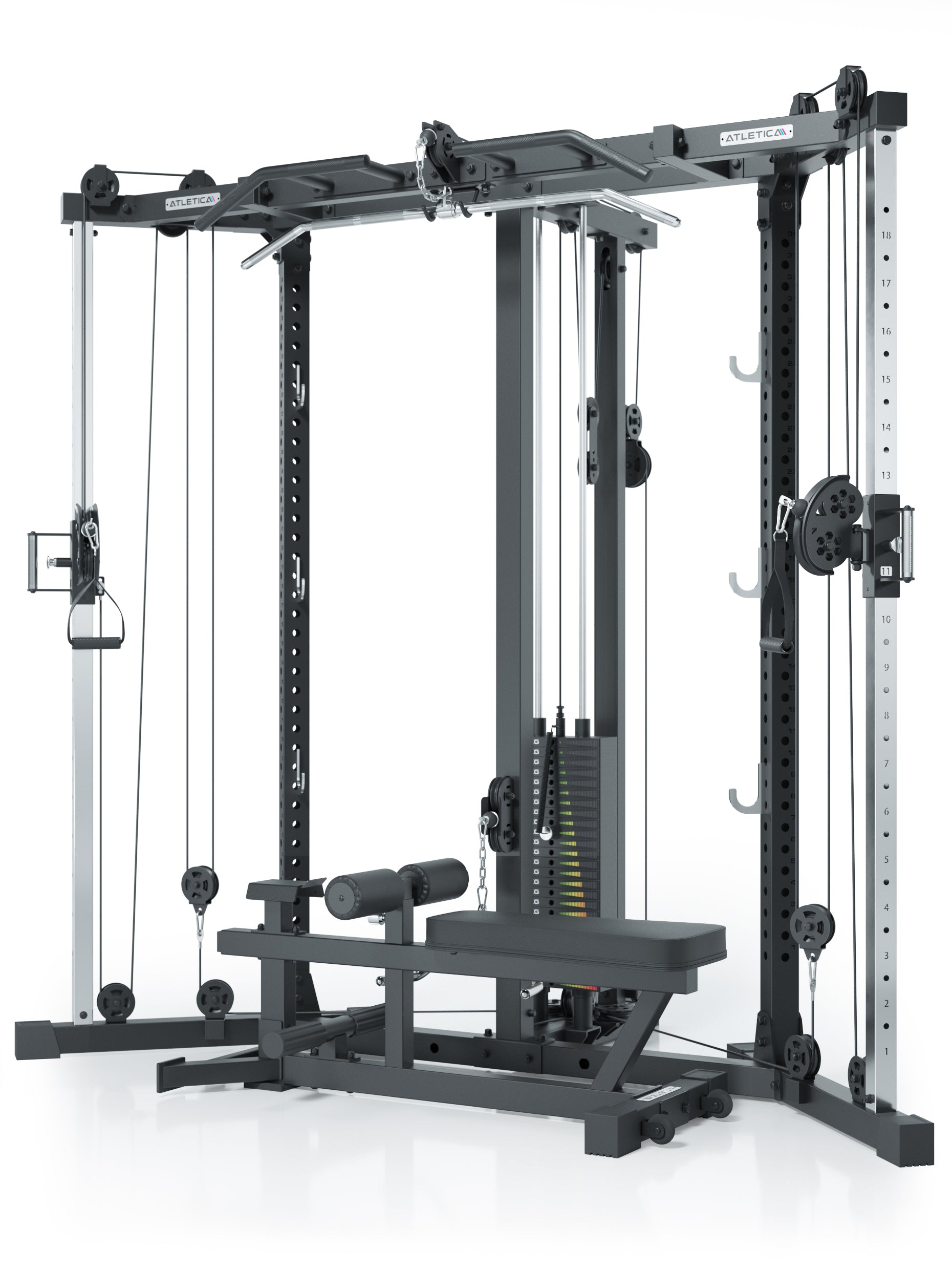 Kabelzugstation: Cross-Over-Kabelzug mit Lat- und Ruderzug | 125kg Gewichtsblock | abnehmbare Hantelbank | als Eck-Lösung für maximale Raumeffizienz: #variante_high-226cm