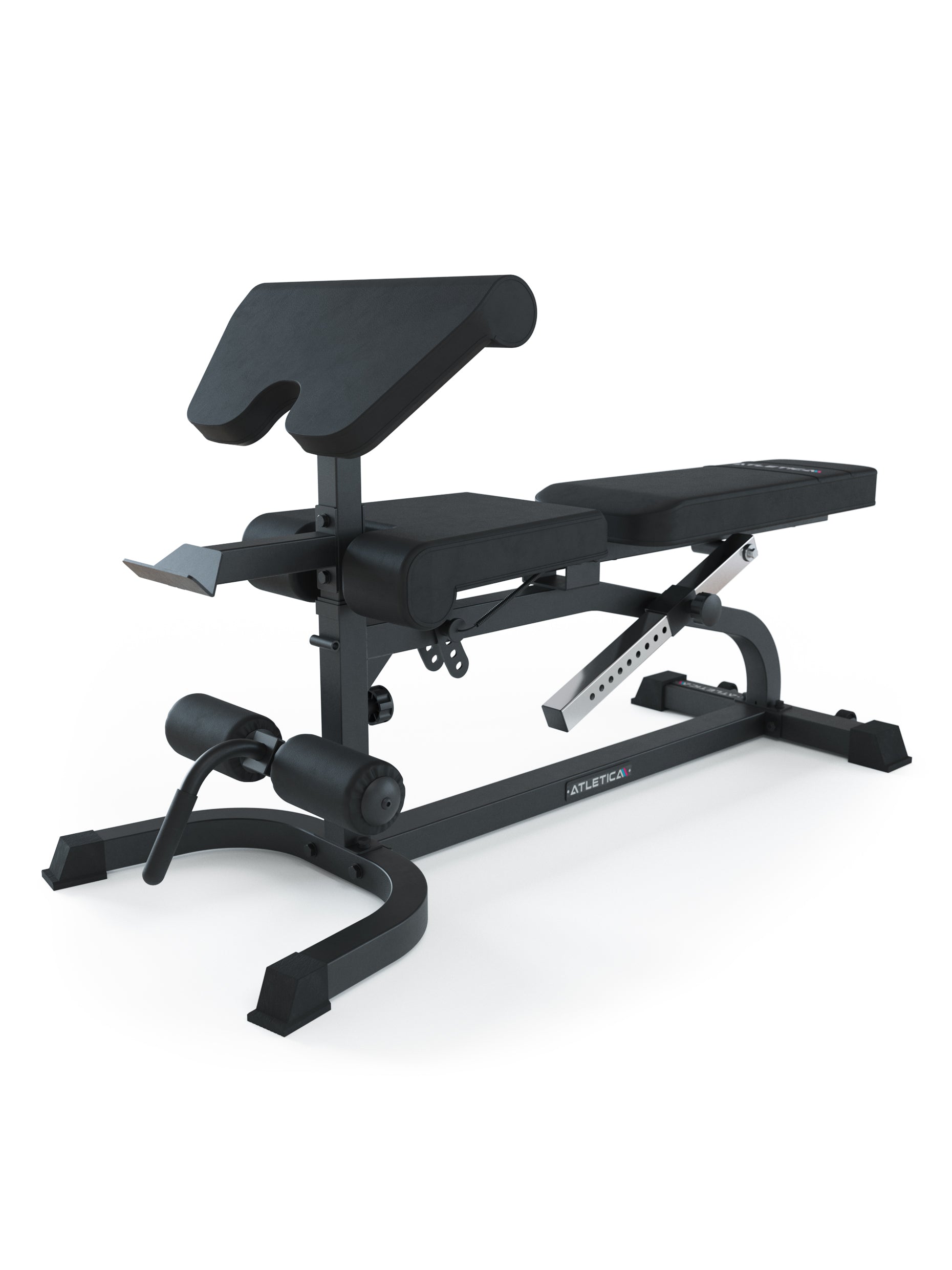 Hantelbank X-BENCH | Multifunktionale Hantelbank | Aufsätze für Bizeps- und Beincurls | Negativ verstellbar