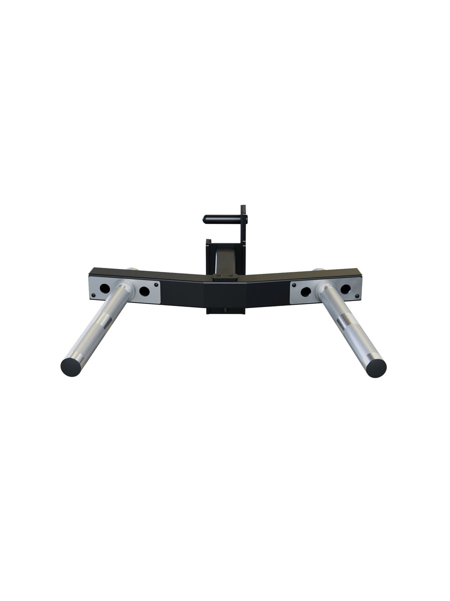 Dip-Barren für R8 Power Racks | 3 verschiedene Griffbreiten von 29-70cm | 30° Griffwinkel | angenehme Rändelung | Klappmechanismus für sicheren Halt | 3mm Stahl | 350kg Traglast
