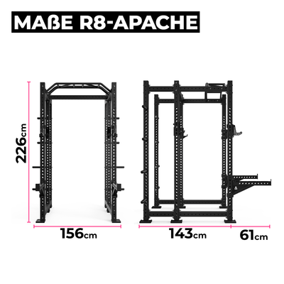 Power Rack R8-Apache: 8 Weight Pins, Pull-Up Bar, Spotter Arms, Bar Holder, 4 J-Hooks